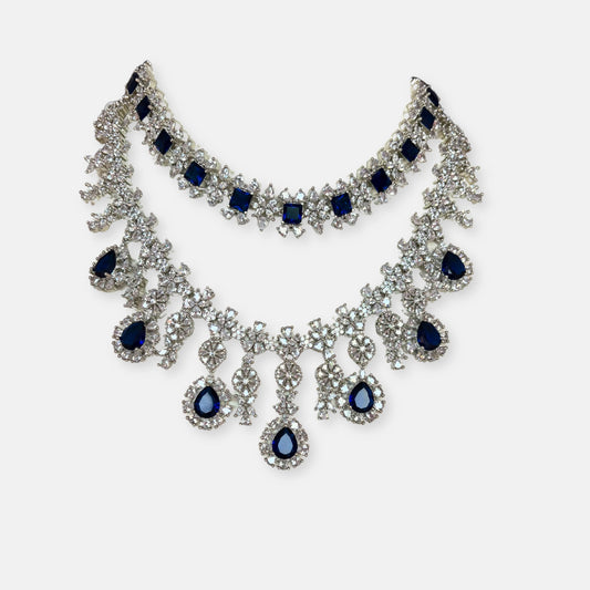 Jewelit Double Layered Sapphire Necklace Set With Earrings