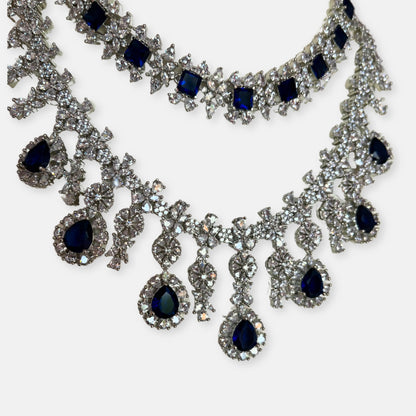 Jewelit Double Layered Sapphire Necklace Set With Earrings
