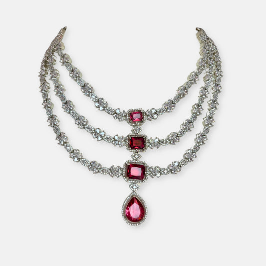 Jewelit Triple Layered Ruby Stone Necklace Set With Drop Earrings