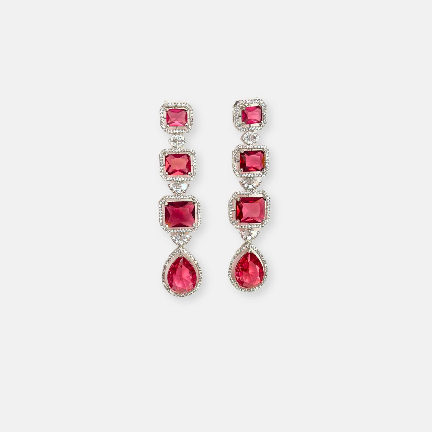 Jewelit Triple Layered Ruby Stone Necklace Set With Drop Earrings