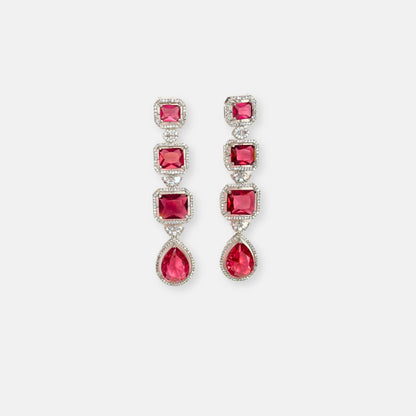 Jewelit Triple Layered Ruby Stone Necklace Set With Drop Earrings