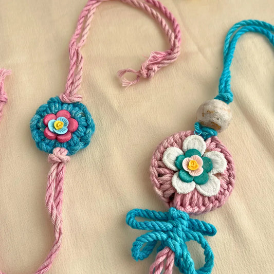 Crochet Bhaiya Bhabhi Rakhi Pink & Blue Set
