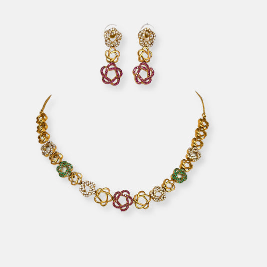 Gold Plated Temple Necklace Set With Earrings 10013