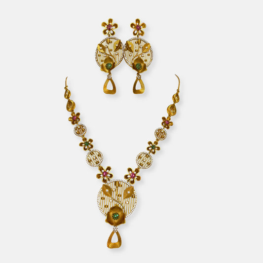Gold Plated Temple Necklace Set With Earrings 10016