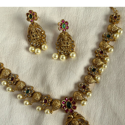 Gold Plated Temple Necklace Set With Earrings 10017