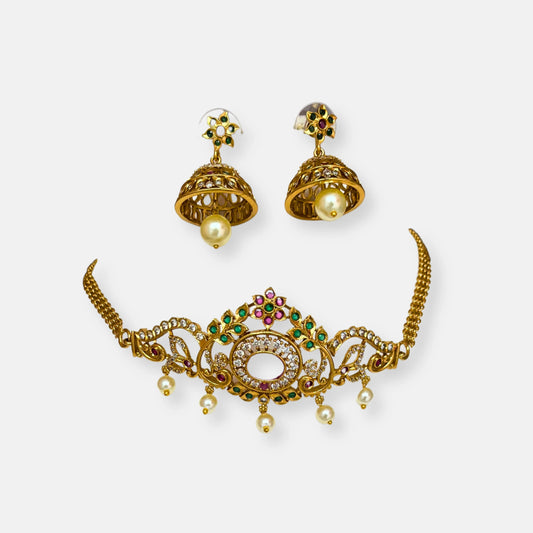Gold Plated Temple Choker Necklace Set 10006