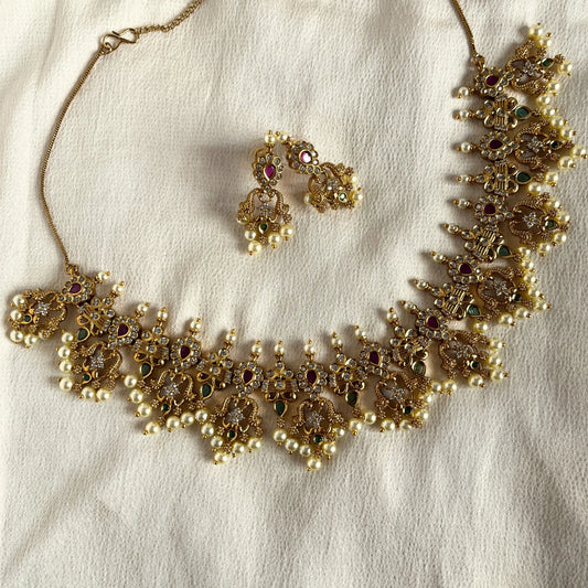 Gold Plated Temple Necklace Set With Earrings 10010
