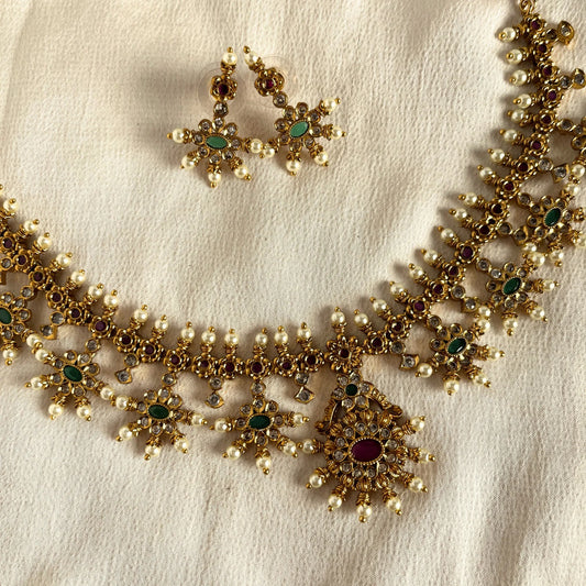 Gold Plated Temple Necklace Set With Earrings 10011