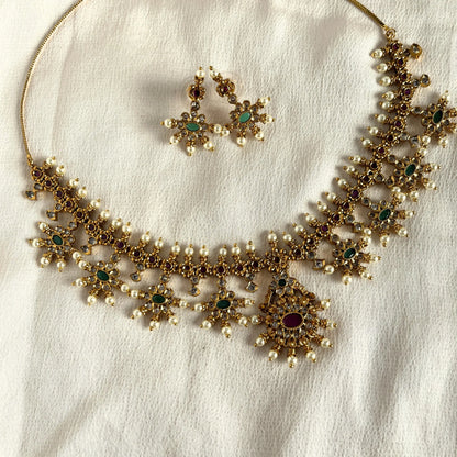 Gold Plated Temple Necklace Set With Earrings 10011