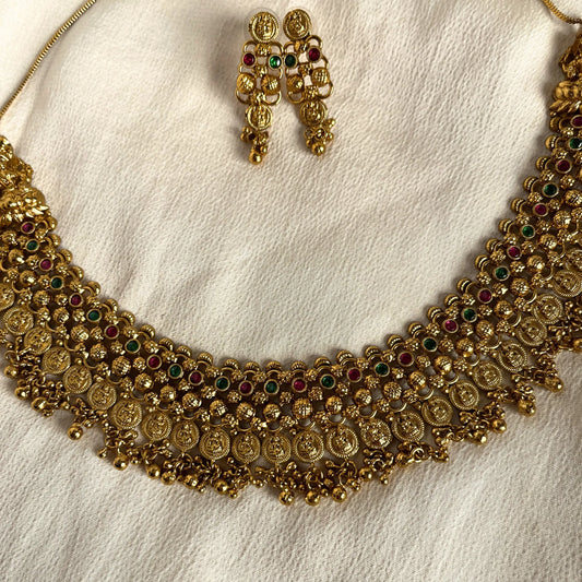 Gold Plated Temple Necklace Set With Earrings 10012