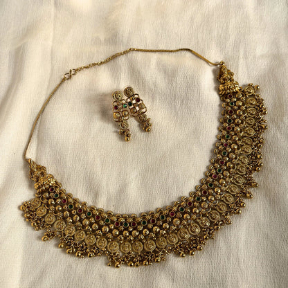Gold Plated Temple Necklace Set With Earrings 10012