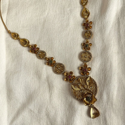 Gold Plated Temple Necklace Set With Earrings 10016