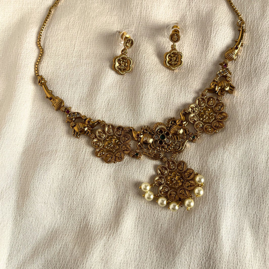 Gold Plated Temple Necklace Set With Earrings 10014
