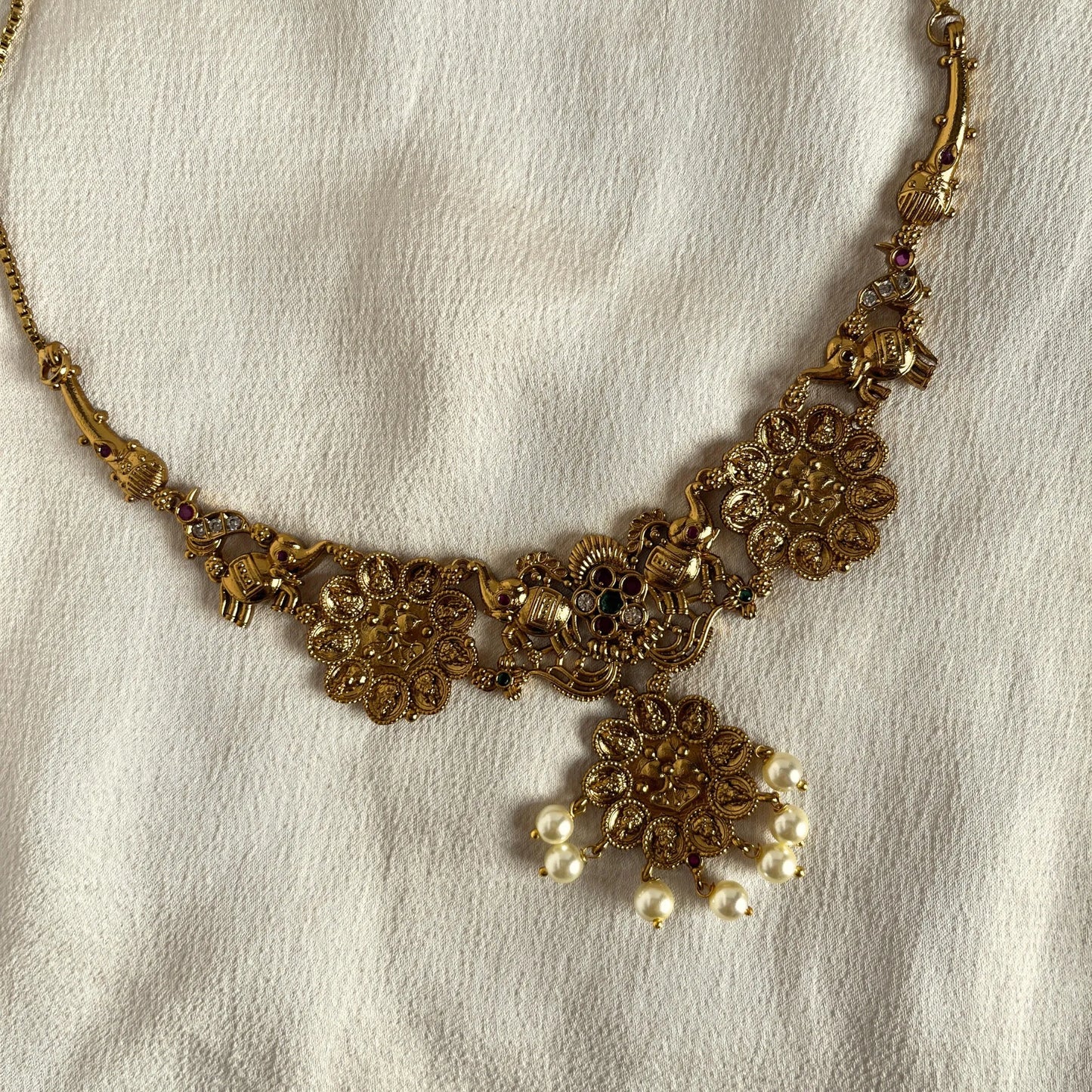 Gold Plated Temple Necklace Set With Earrings 10014