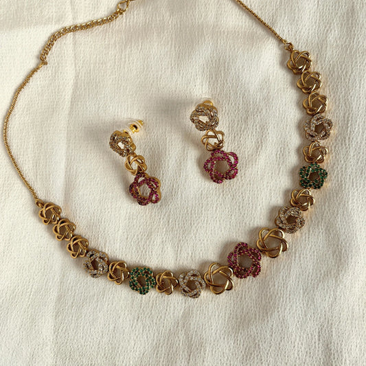Gold Plated Temple Necklace Set With Earrings 10013