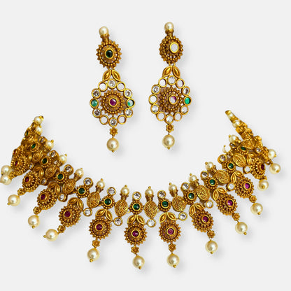 Gold Plated Temple Necklace Set With Earrings 10008