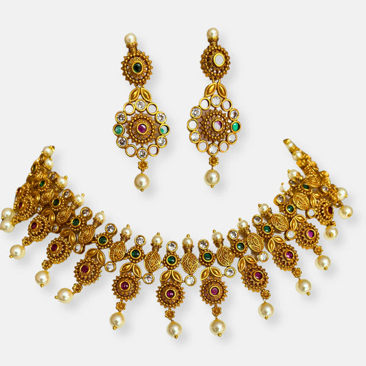 Gold Plated Temple Necklace Set With Earrings 10008