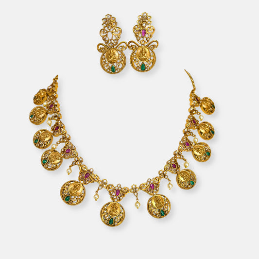 Gold Plated Temple Necklace Set With Earrings 10009