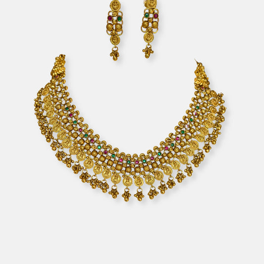 Gold Plated Temple Necklace Set With Earrings 10012