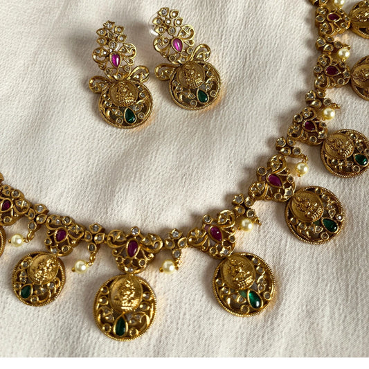 Gold Plated Temple Necklace Set With Earrings 10009